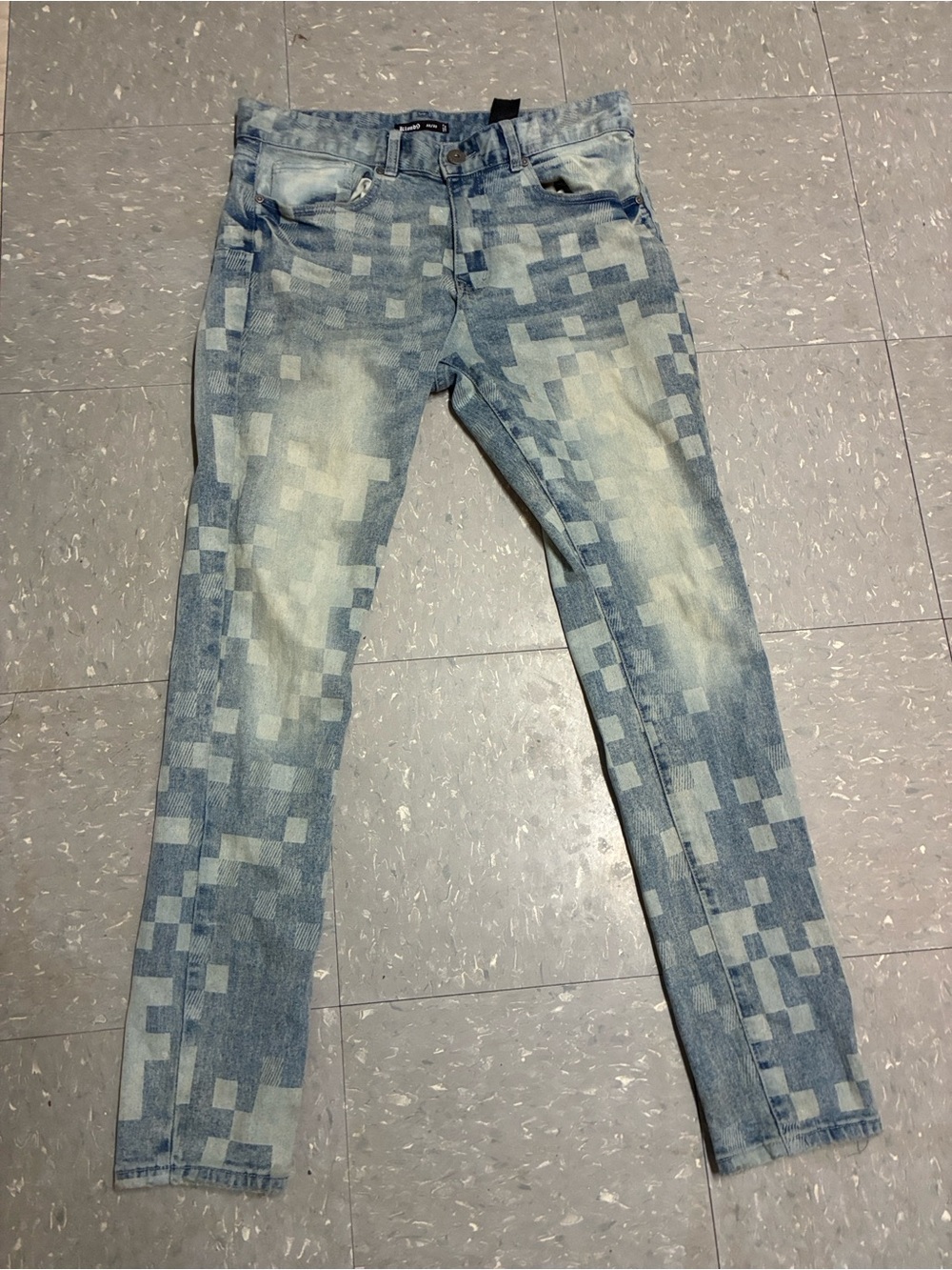 Men's Light Blue Pixel-Pattern Slim Jeans